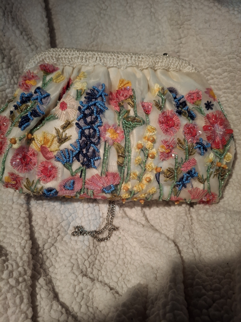 Hand Crafted Cream Embroidered Floral Evening Clutch / Crossbody